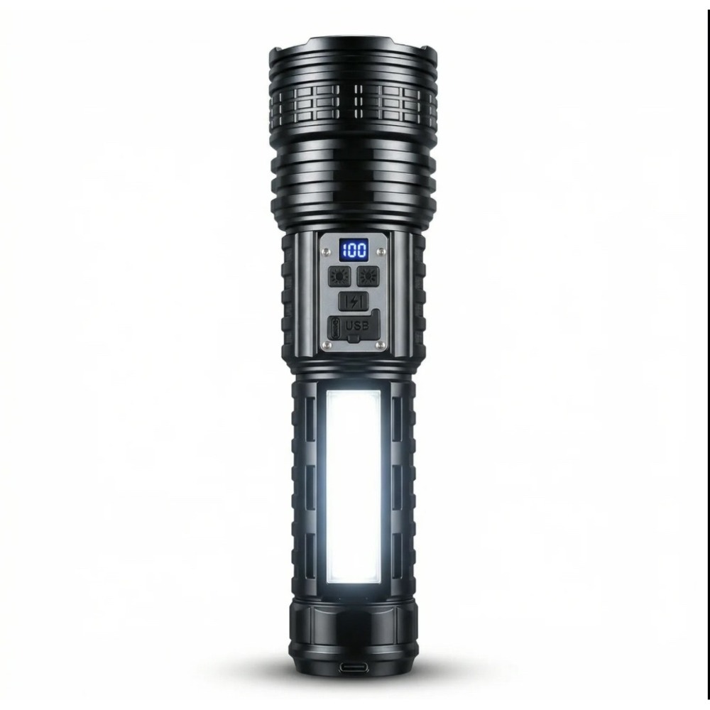 LED Tactical Flashlight Rechargeable COB Work Light Digital Display USB Black